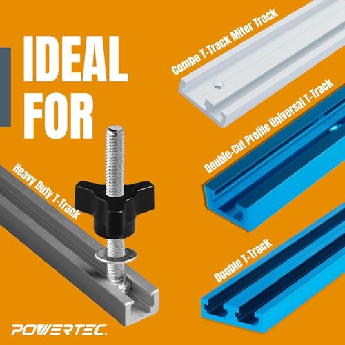 POWERTEC 72091 T Track Knob Kit with T Slot Router Bit, 1/4-20 x 1-1/2" Hex Bolts, Washers, Knobs and Carbide Tipped Router Bit 7/16" Dia. x 3/16" H x 1/4" Shank, T Track Accessories