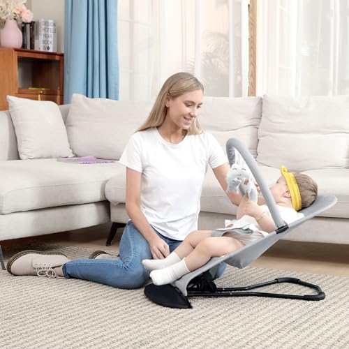 HKAI Baby Bouncer, Portable Baby Bouncer Seat for Babies 0-18 Months, 100% Cotton Fabrics, 3 Modes of use with Rocker and Stationary Options, Infant Rocker Chair with Hanging Toys-Dark Grey