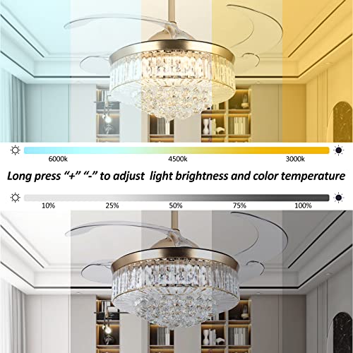 wuyule 42 Inches Crystal Ceiling Fan Golden Modern Crystal Chandelier Ceiling Fan with Lights and Remote, Invisible Fandelier LED Light kit with Retractable Blades for Indoor Living Room Bedroom