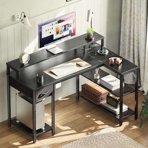 SUPERJARE 47 inch Reversible L Shaped Desk with LED Lights & Power Outlets, Computer Desk with Shelves & Monitor Stand, Gaming Desk with Drawer, Home Office Desk Corner Desk, Black