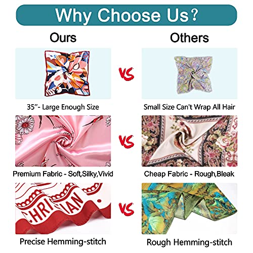 vimate Floral Silk Scarf, Womans 2 Pieces 35 X 35 Inches Printing Satin Hair Scarves for Head Wrap at Night (2 Pack-K)