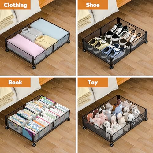 Lingusta Under Bed Storage with Wheels,Rolling Under Bed Storage Containers,Under Bed Shoe Storage for Bedroom Clothes Shoes Blankets (2 pack, Black)