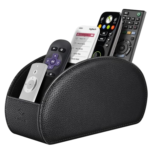 Fintie Remote Control Holder, 5 Compartments Vegan Leather TV Remoter Caddy Desktop Organizer Makeup Brush Holder Storage Fits TV Remotes, Media Controllers, Office Supplies(Black)