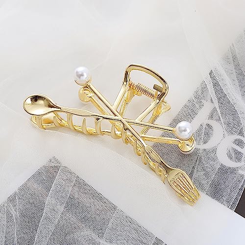 Forks Spoons Hair Clips with Pearl Gold Metal Hair Claw Clips for Women Girls Creative Forks and Spoons Hair Accessories Shiny Elegant Hairpins Strong Hold Nonslip Hair Clip Goddess Look 1 Pcs
