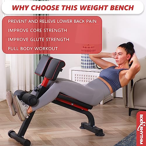 BODY RHYTHM Compact Adjustable Weighted Bench for Full Strength Training, Ab/Back Hyper Roman Chair, Ab Sit up Bench, Incline Decline Flat Hyperextension Back Extension Machine (Black) (YYBR01)
