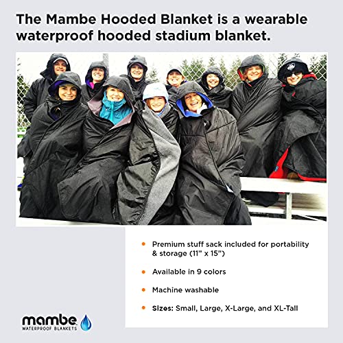 Mambe Small Extreme Weather Hooded Blanket Black - 100% Waterproof and Windproof with Premium Stuff Sack - Perfect for Stadiums and Watching Sports Activities - Machine Washable Fleece