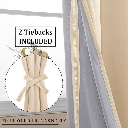 DWCN 100% Beige Blackout Curtains 84 Inches Long for Bedroom with Black Liner, Double Layer Thermal Insulated Room Darkening Window Curtain Panels with Tiebacks for Nursery Room W52 x L84, 2 Panels