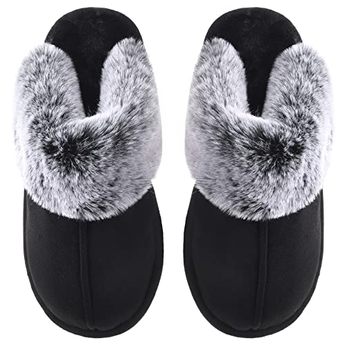 VANSARTO Women's Comfy Faux Fur Scuff Slippers Micro Suede Memory Foam Slip on Fuzzy Slide House Shoes Anti-Skid Sole, Brown, Size 5-6