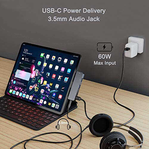 iPad Pro USB C Hub Adapter with 4K HDMI,3.5mm Jack,2 x USB3.0,PD 60W,USB C Data,SD/TF Card Slot,6in1 Adapter for M4 M2 M1 iPad Pro 11 12.9 2025-2018,iPad Air/Mini