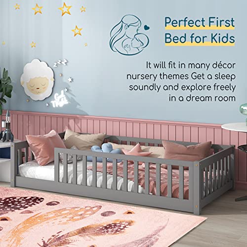 Tatub Twin Floor Bed for Kids with Safety Guardrails and Door and Slats, Wood Kids Montessori Floor Bed Frame for Girls and Boys, Twin-White Without Door