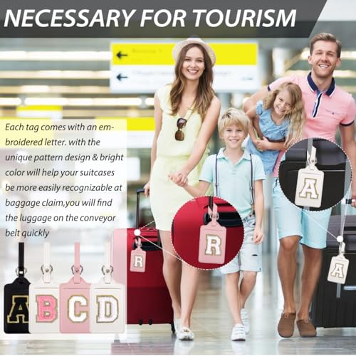 Personalized Initial Luggage Tags for Suitcases, Leather Chenille Letter Cute Luggage Tags with Privacy Name Card, Embroidered Travel Bag Backpack Tags Gifts for Women Kids Girls Teens(Orange-T)