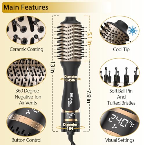 Nicebay Hair Dryer Brush, Hot Tools Blow Dryer Brush for Women, One Step Blowout Brush with Display Screen, Oval Ceramic Barrel, Negative Ion, Black and Gold