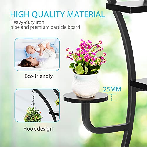 VIVOHOME 6 Tier 9 Potted Steel-Wood Plant Stand with Hanger, Curved Flower Pot Holder Shelf for Indoor, Black