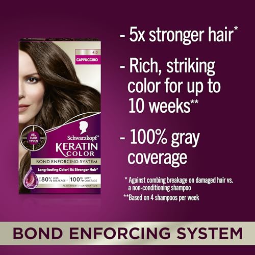 Schwarzkopf Keratin Color Permanent Hair Color, 4.0 Cappuccino, 1 Application - Salon Inspired Permanent Hair Dye, for up to 80% Less Breakage vs Untreated Hair and up to 100% Gray Coverage