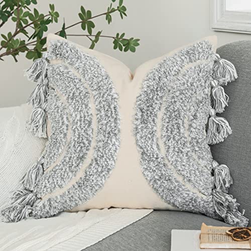 Foindtower Gorgeous Half Moon Accent Boho Tufted Decorative Throw Pillow Cover, Stylish & Cozy Rainbow Design Cotton Canvas Cushion Cover | Tassels Pillow Case Home Decor 18"X 18" Mixed Grey 1 Piece