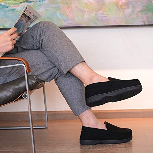 DL Men's Memory Foam Moccasin Slippers Breathable Moccasin Slippers Micro Wool House Shoes Anti-Slip Sole Indoor Outdoor, Black, 8