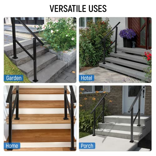 Handrails for Outdoor Steps Fits 1 to 3 Steps Stair Railing for Outdoor, Wrought Iron Handrail with Installation Kit for Concrete Steps, Porch Steps (3 Steps), Matte Black