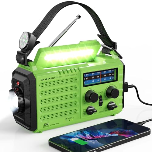 Weather Radio Raynic Solar Hand Crank Emergency Radio 5 Ways Powered AM/FM/SW/NOAA Weather Alert Portable Radio with Flashlight, Reading Lamp (Black-LCD Display)