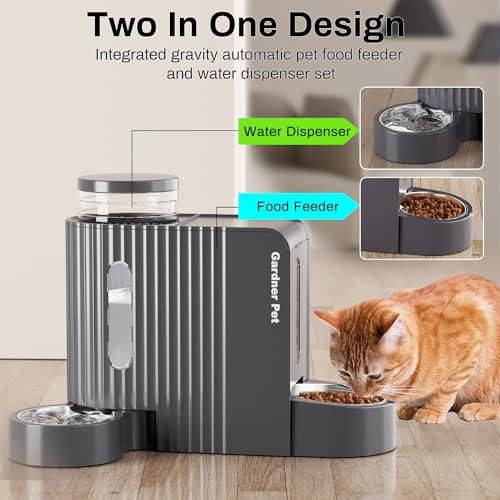 Gardner Pet Automatic Gravity Cat Food Feeder and Water Dispenser Stainless Steel Two-in-One Set Large Capacity Dispenser for Pets Dogs, Puppies, Kittens