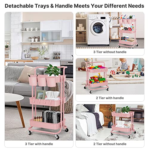 E&D FURNITURE 3 Tier Rolling Storage Cart with Wheels, White, Sturdy, Waterproof, Adjustable, Multipurpose, Organization, Office, Kitchen, Bedroom, Bathroom, Garage, Kids Art Cart