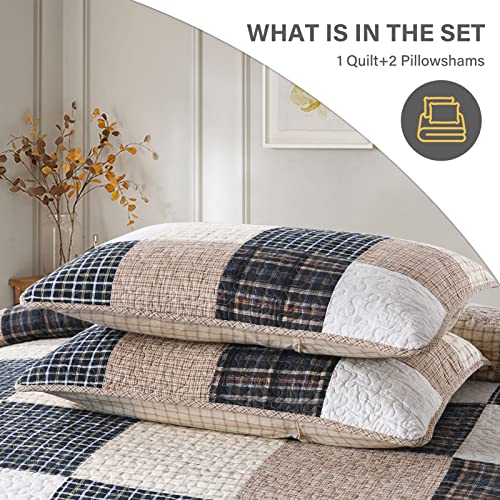 SahSahCasa Queen Size Quilt Set, 100% Cotton Bedding Bedspread, Patchwork Farmhouse Plaid Lightweight Rustic Comforter for All Seasons, Beige