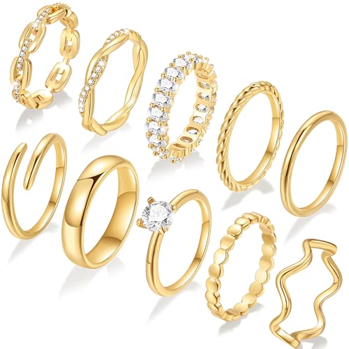 10 PCS 14K Gold Plated Rings Set for Women, Dainty Gold Knuckle Rings Non Tarnish, Simple Thumb Stacking Rings Pack Size 6/7/8/9/10