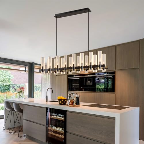 AEULYTIR 54 Inch Black Chandelier Linear with Clear Glass Shade, 16-Lights Modern Farmhouse Ceiling Pendant Hanging Light Fixture Over Table, for Dining Room, Kitchen Island