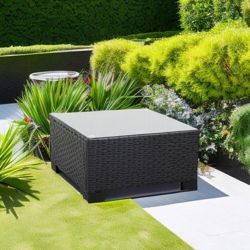 Rattaner Patio Furniture Wicker Coffee Table Outdoor Garden Square Side Table with Tempered Glass Top Black