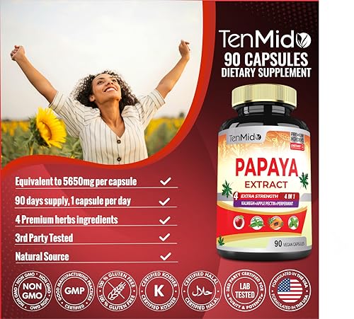 Papaya Leaf Extract Supplements Capsules 5650mg, 3 Months Supply with Kalmegh, Apple Pectin, Peppermint - Improved Digestion Function - 90 Vegan Capsules