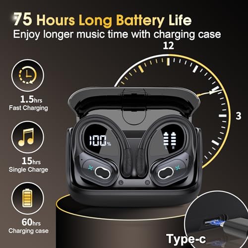 Wireless Earbuds 75hrs Bluetooth 5.3 Headphone Sport, 2024 Bluetooth Earbuds Stereo Deep Bass Over Ear Bud with Earhooks, ENC Noise Cancelling Mic, IPX7 Waterproof Earphone for Workout/Running