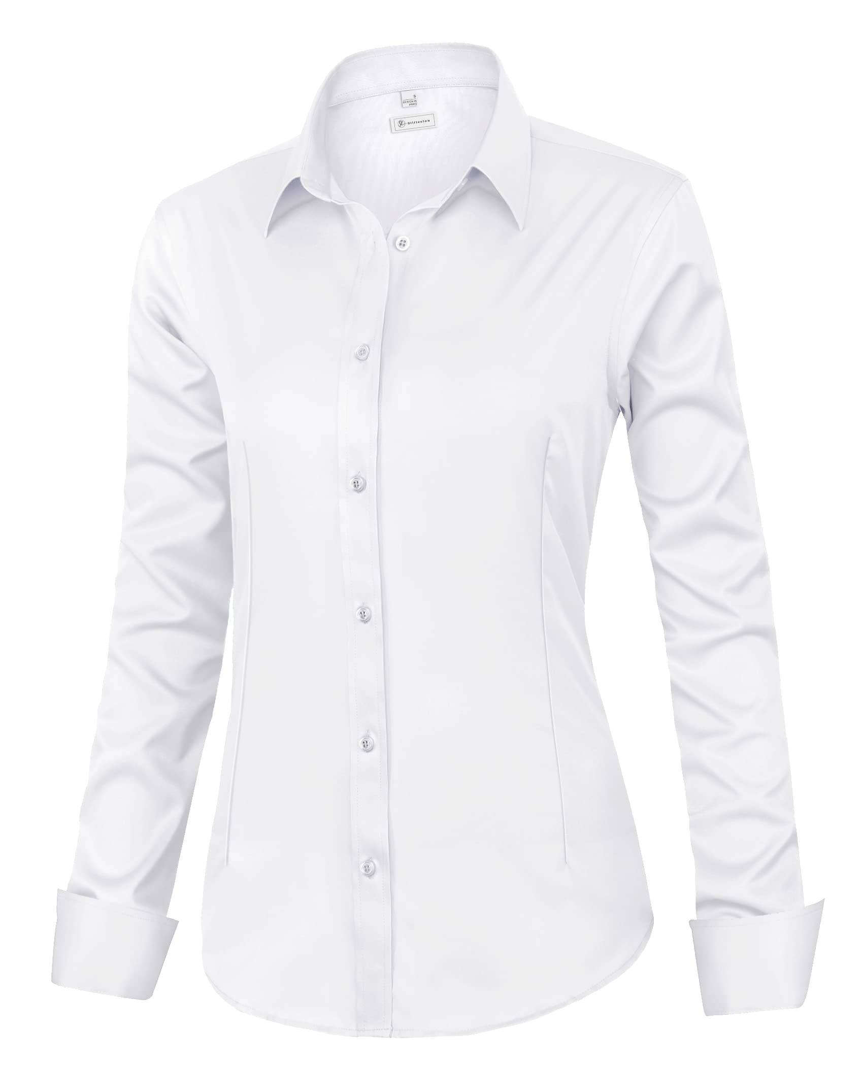 siliteelon Womens Classic-Fit Dress Shirts Long Sleeve Button Down Wrinkle-Free Stretch Solid Casual Work Office Blouse Top White Small