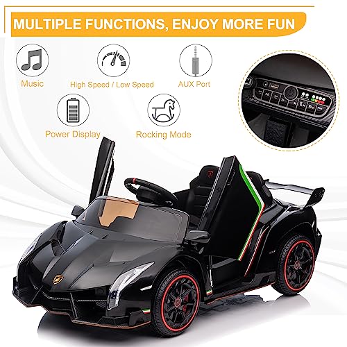 Winado 12V Ride on Car, Electric Vehicle Licensed Lamborghini Veneno for Kids, Battery Powered Car Toy w/Parent Control, Hydraulic Doors, 3 Speeds, LED Headlights, Horn, Engine Sounds - Black