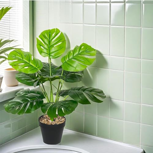 Rozwkeo Artificial Plant in Pot Fake Tree Trunks Leaves Faux Potted for Indoor Outdoor Modern Decoration Home Office Living Room Bedroom Balcony Housewarming Gift (40cm Small Monstera Palm)