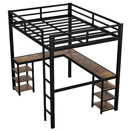 Full Size Loft Bed with Desk and Storage Shelves, Heavy Duty Metal Loft Bed with L-Shaped Desk and Ladder, Full Size Loft Bed for Kids, Teens, Black Loft Bed Full Size