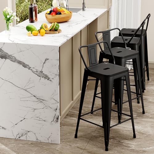 Changjie Furniture Industrial Metal Bar Stools with Backs Set of 4, Counter Height Barstools for Home Kitchen, Durable and Stylish Bar Stools Set (24 inch, Matte Black)