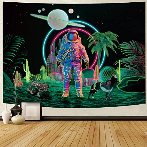 Amonercvita Blacklight Astronaut Tapestry UV Reactive Planet Tapestry Neon Cactus Tapestry Galaxy Space Tapestry Black Light Palm Tree Wall Hanging for Room