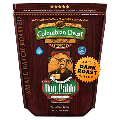 Don Pablo Colombian Decaf - Swiss Water Process Decaffeinated - Medium-Dark Roast Gourmet Coffee - 100% Arabica Whole Bean, Non-GMO, Low Acidity, 907g (2LB) Bag