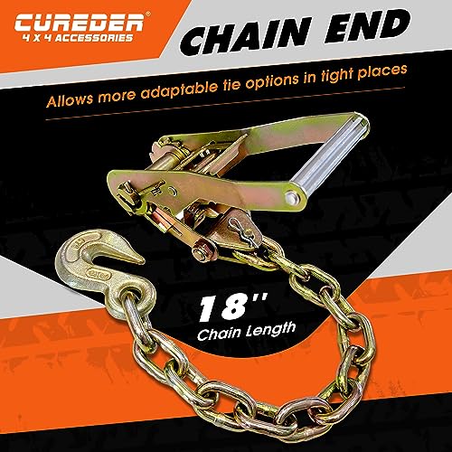 cureder Cureder Car Tie Down Straps for Trailers with Heavy Duty Chain Anchors (4 PK) - 2 Inch x 10 Feet - 3,300 lbs Safe Working Load, Wheel Straps for Hauling Cars,Tire Straps for a Car Trailer