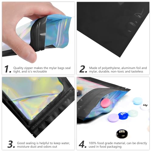Funfery 100 pcs Pink Smell Proof Mylar Holographic Bags, Clear Resealable Odor Proof Foil Pouch Bag for Food Storage, Jewelry, Eyelash Packaging,Gloss,Small Business (6.3x9.4In)