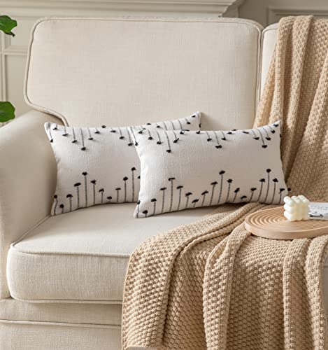 Boho Throw Pillow Covers 12x20 Set of 2 Decorative Pillows for Bed, Neutral Pillow Covers Beige with Black Line Throw Pillows for Modern Farmhouse Couch Sofa Living Room Outdoor