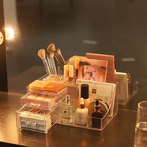PENGKE Clear Make Up Organizer Countertop,Stackable 2 Drawers Makeup Storage,Cute Vanity Organizers for Dresser Brushes,Nail Polish,Beauty Product Desk and Bathroom Organizers and Storage,1 Pack