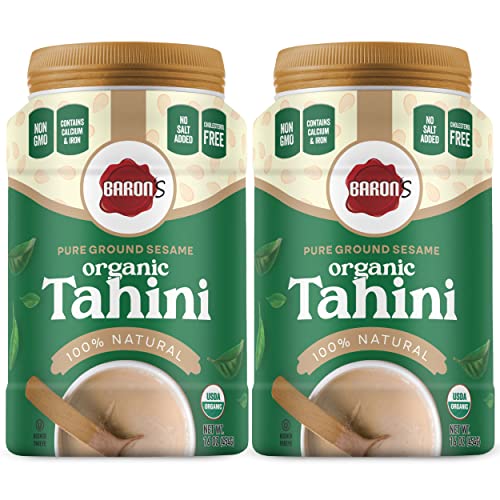 Baron's USDA Organic Tahini Pure Sesame Paste | 2 x 16 oz Jars | Rich Creamy Spread for Hummus, Dips, Sauces | Kosher, Vegan, Keto friendly, Non-GMO, Gluten-Free, No Peanuts | Ground Seeds Tahina