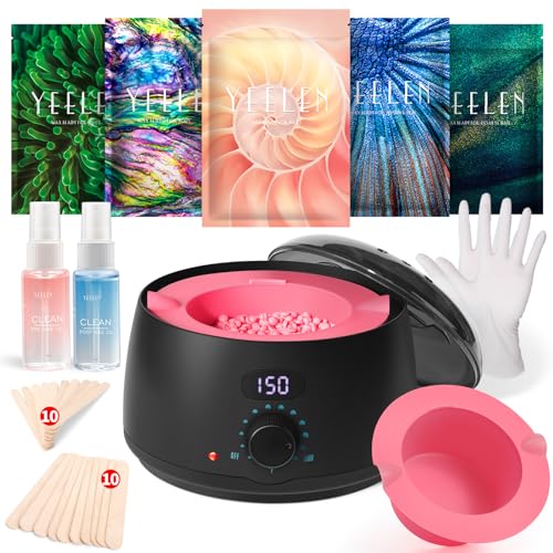Complete Home Waxing Kit for Women : For Face Brazilian Eyebrow Bikini Leg & Sensitive Skin Hair Removal- with 5 Packs Hard Wax Beads Digital Wax Warmer Kit
