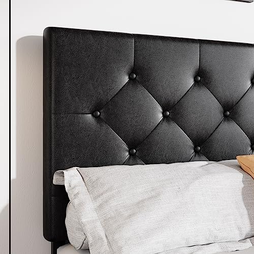 Allewie Upholstered Queen Size Platform Bed Frame with 4 Storage Drawers and Headboard, Diamond Stitched Button Tufted, Mattress Foundation with Wooden Slats Support, No Box Spring Needed, Black Brown