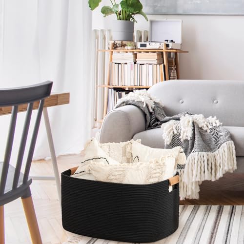 anpinera Extra Large Blanket Storage Basket 25.20’’x16.14’’x16.14’’, Large Rectangle Blanket Basket for Living Room, Woven Rope Storage Organizer Laundry Baskets Bin, White/Pink