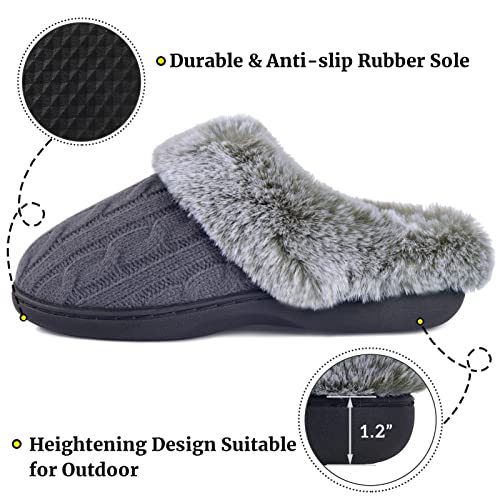 Parlovable Women's Fuzzy House Slippers Warm Soft Memory Foam Bedroom Shoes Slip on Cable Knit Rubber Sole Indoor Grey 7-8