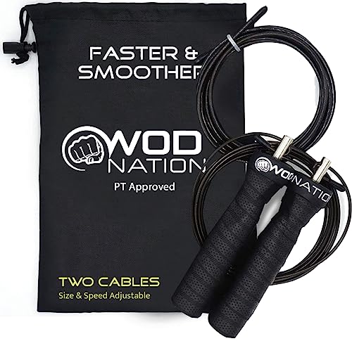 WOD Nation Attack Speed Jump Rope - Black Alloy Steel Handles - Weighted & Speed Cable System - Includes 11 ft Heavy (3.3 mm) & Light (2.2 mm) Cables for Men & Women