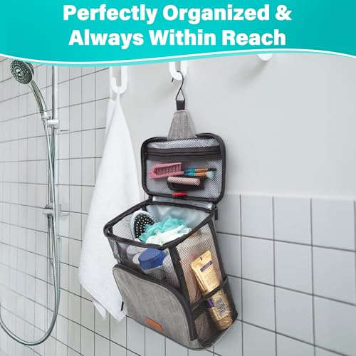 Hiverst Hanging Toiletry Bag, Shower Caddy Tote Bag (Updated Version, Full Size Bottle Compatible), Bath Organizer for College Dorms, Gym, Camp, Women Men, with Funny Luggage Tag