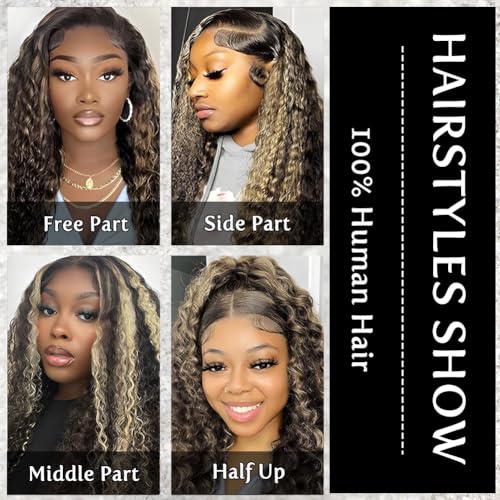 bangjazz 13x4 Deep Wave Lace Front Wigs Human Hair 180% Density Curly Lace Frontal Human Hair Wigs for Black Women #Fb/27 Human Hair HD Lace Wigs Black with Blonde Colored Lace Frontal Wig 16 Inch