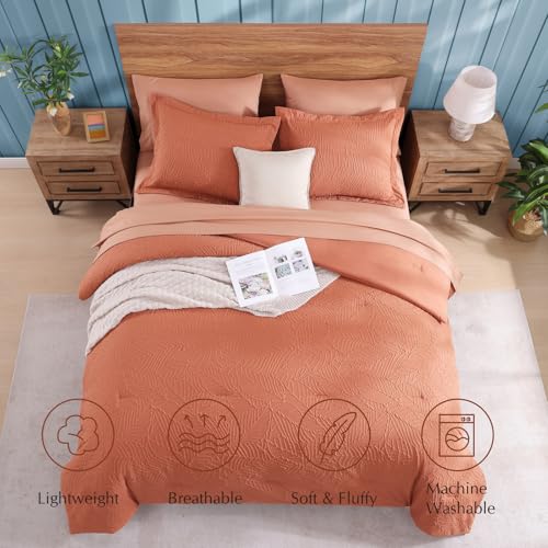 Geniospin Twin Comforter Set - 5 Pieces Burnt Orange Bedding Set, Botanical Textured Comforter Set, All Season Lightweight Bed in a Bag with Comforter, Sheets, Pillowcases & Shams